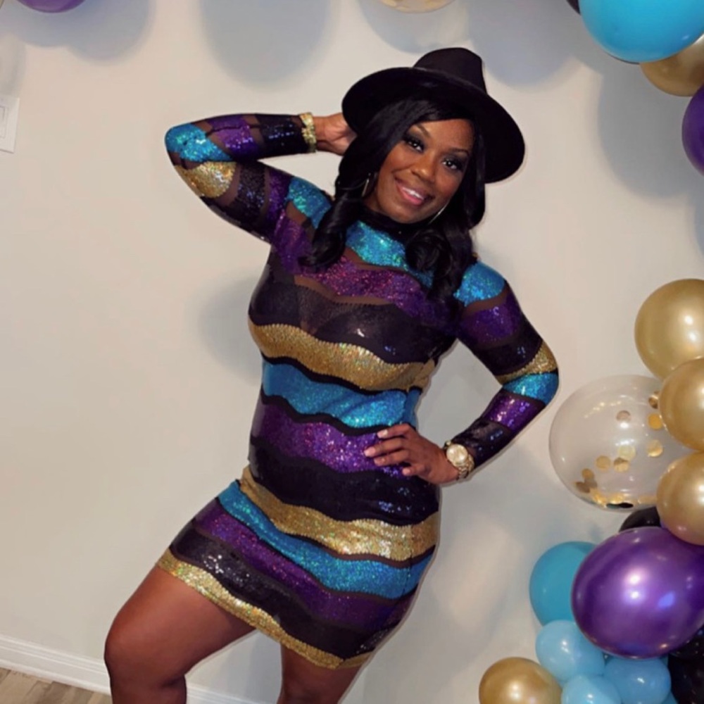 High Neck Sequin Colorful Sheer Mesh Striped Dress